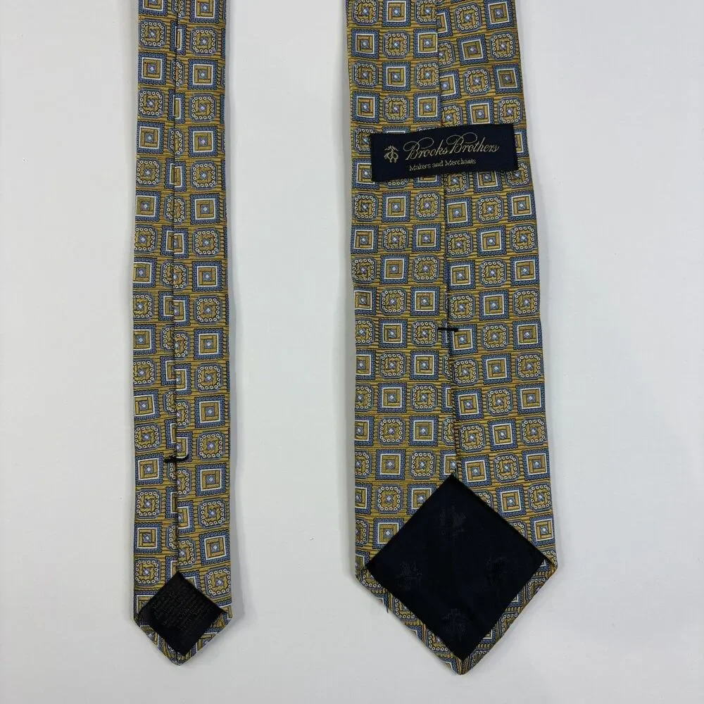 Brooks Brothers Silk Tie yellow blue, Makers And Merchants, geometric, vintage